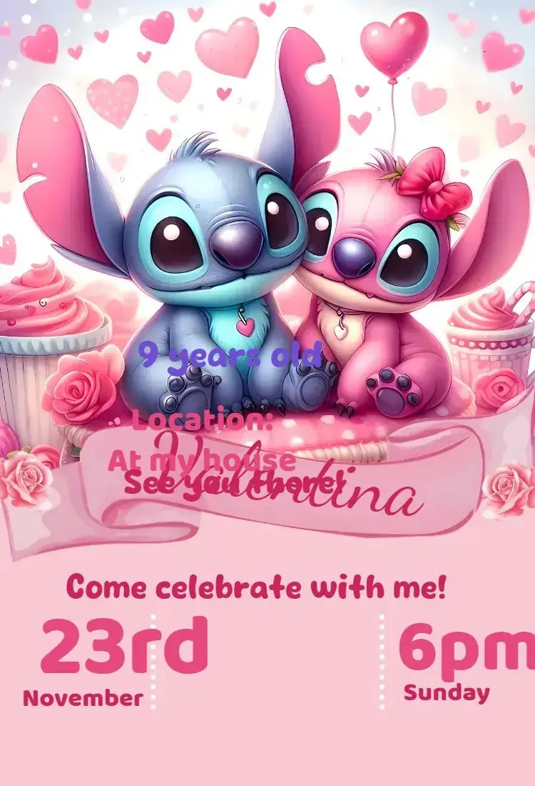 Invitation digital invitation stitch and angel – Birthday theme colorful, kawaii, modern, cute, delicate