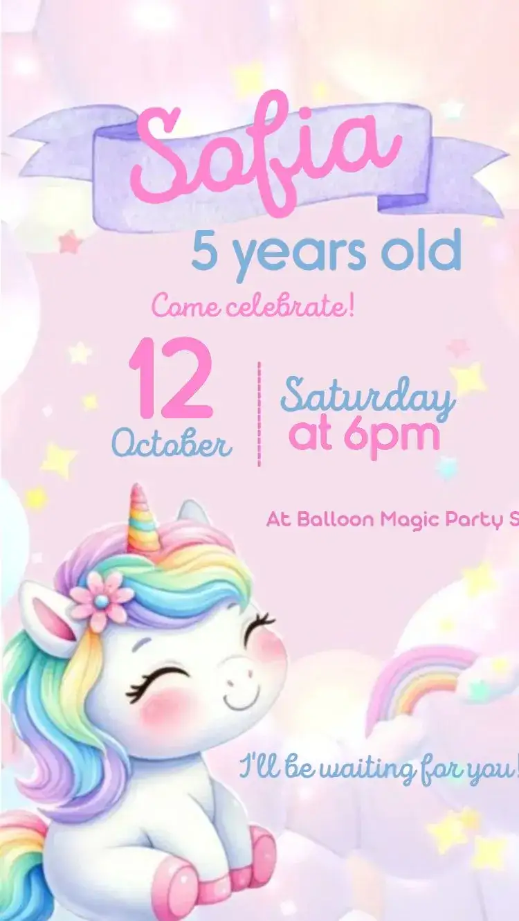 Invitation Unicorn – Kids' Birthday Party theme colorful, fantasy, cute, magical, rainbow, childish