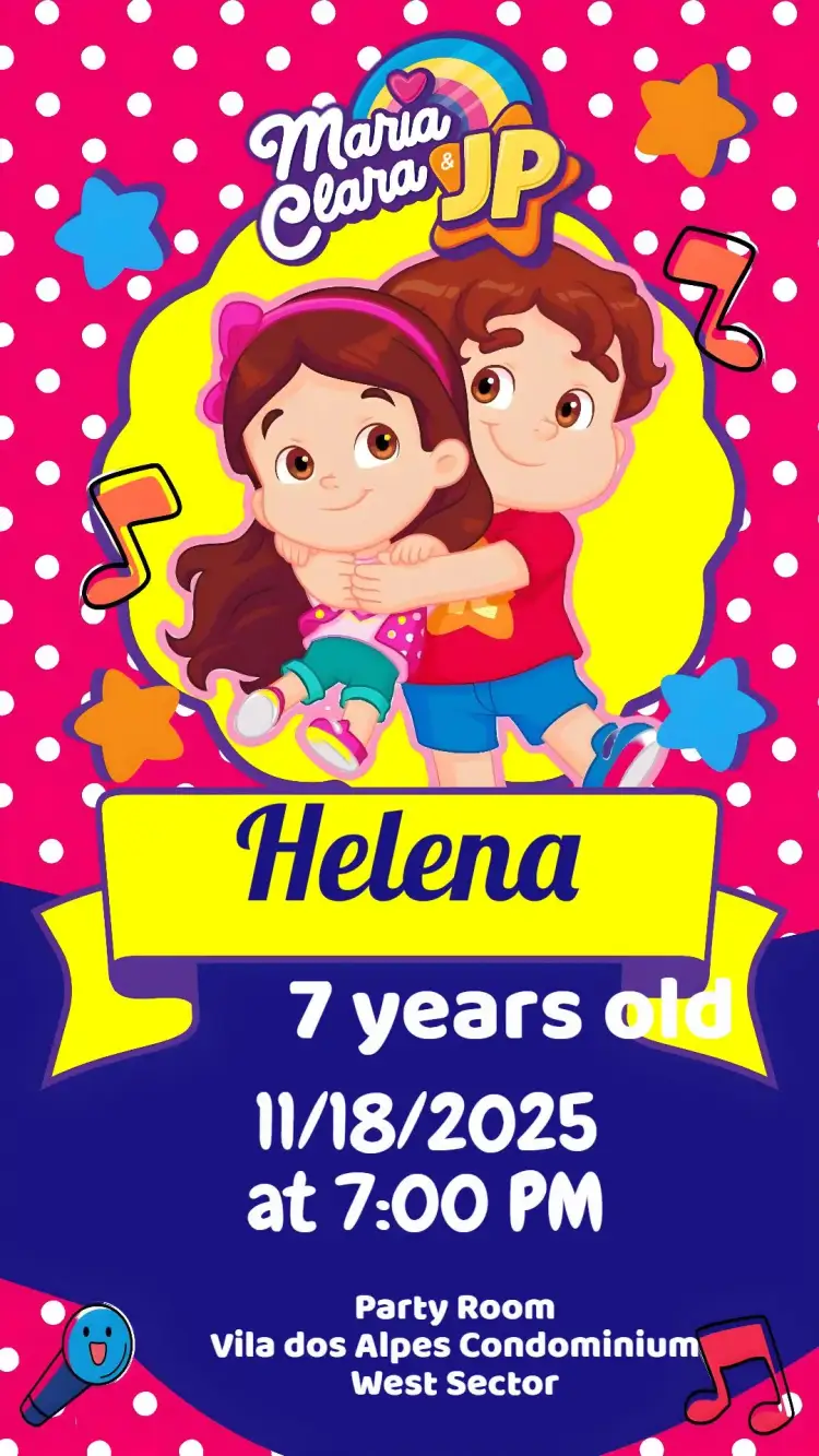 Invitation Maria Clara and JP – Kids' Birthday Party theme colorful, fun, childish, modern, cheerful