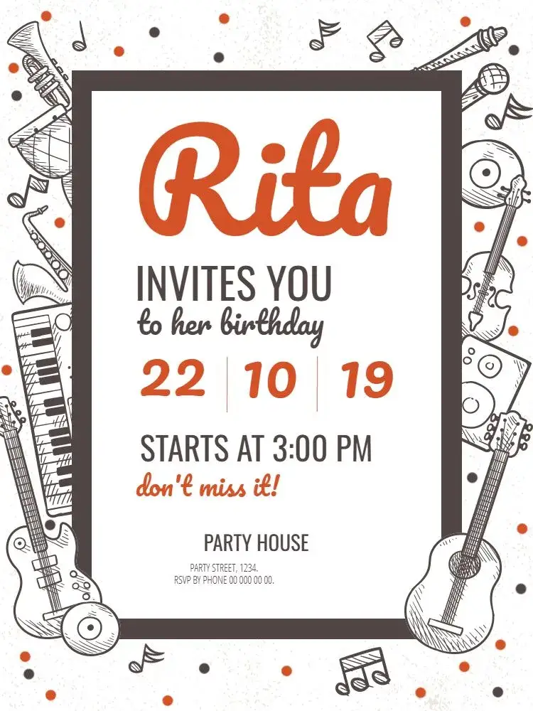 Invitation Musical Instruments Whatsapp – Kids' Birthday Party theme musical, colorful, fun, childish, vibrant