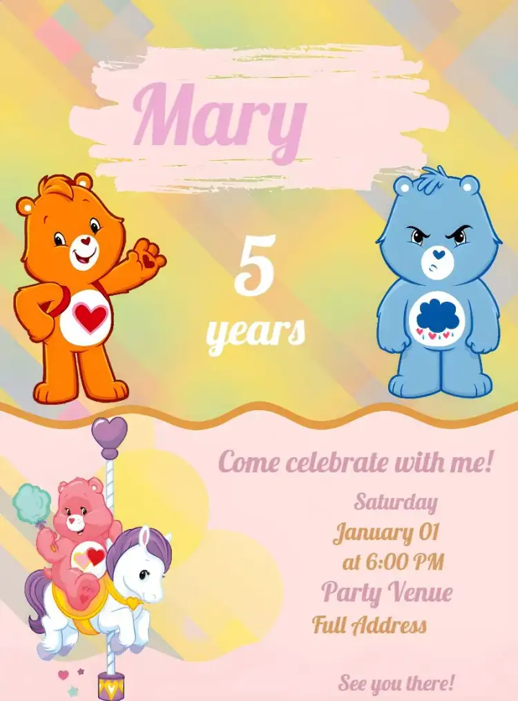 Invitation Care Bears Bear – Kids' Birthday Party theme colorful, childlike, cute, playful, teddy bear themed