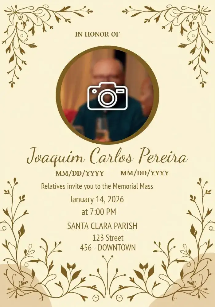 Invitation Funeral Mass With Photo Day – Commemorative Dates theme brown, yellow, subdued, minimalist, classic, religious