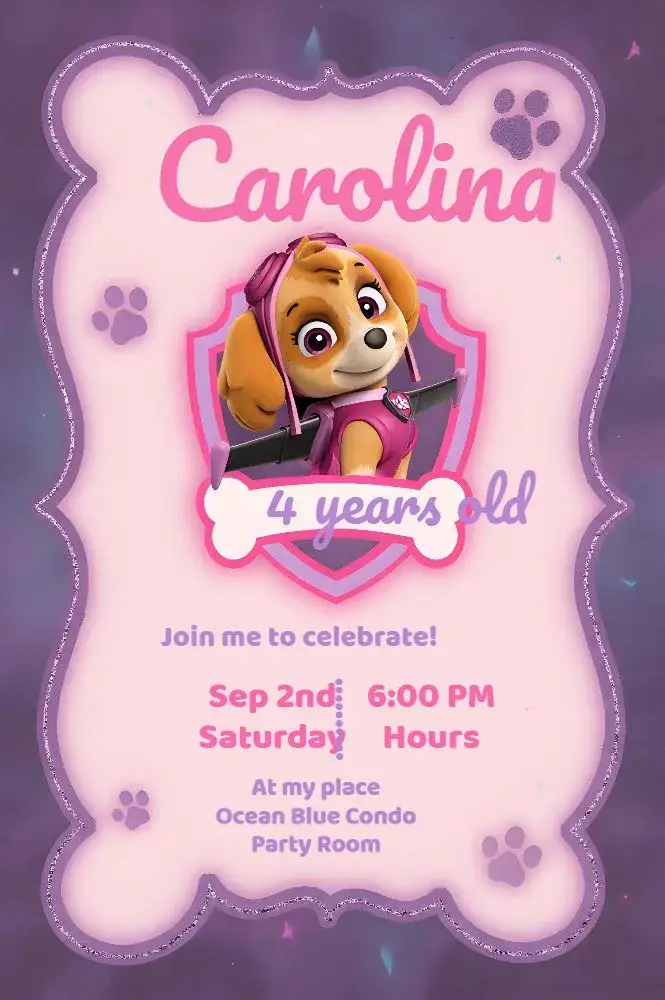 Invitation Pink Paw Patrol – Kids' Birthday Party theme pink, lilac, white, fun, childish, themed