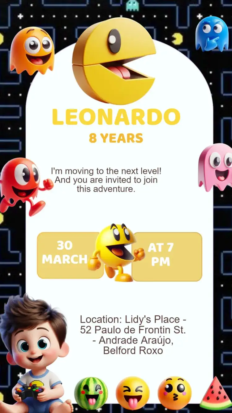 Invitation Pac Man Birthday Invitation – Kids' Birthday Party theme vibrant, playful, colorful, games, modern, fun