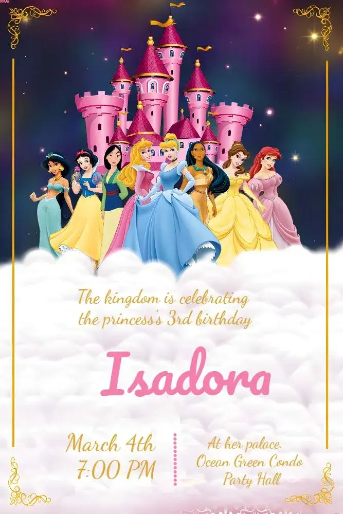Invitation Disney Princesses Castle – Most searched for theme pink, golden, yellow, fantasy, royalty, magical