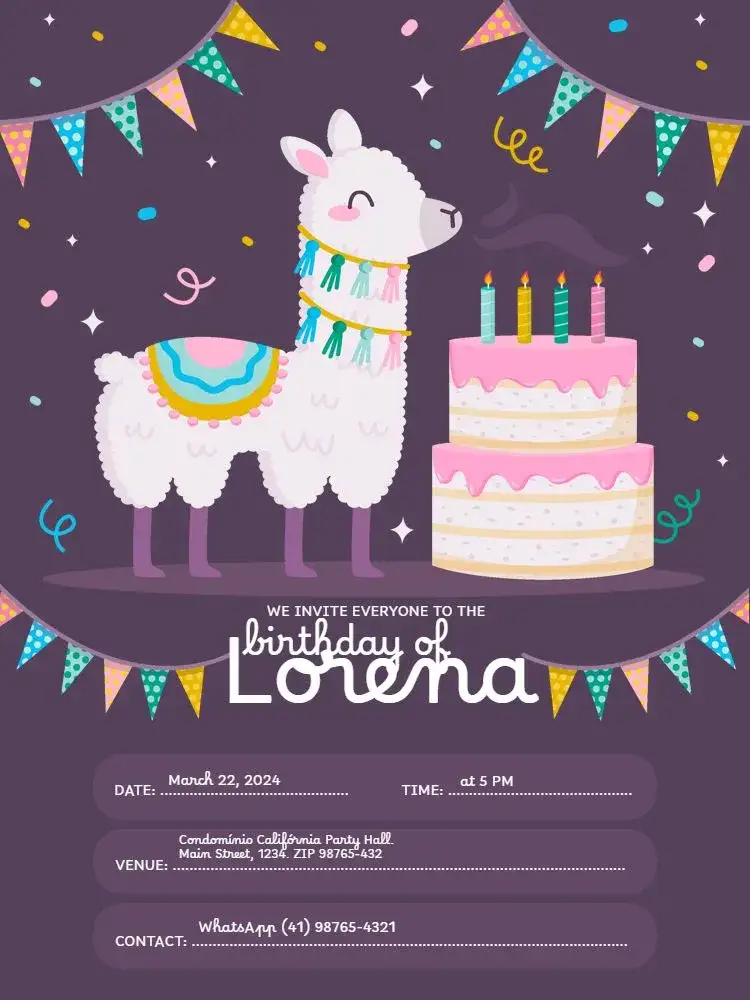Invitation Purple Llama Animal Kids – Kids' Birthday Party theme colorful, playful, modern, animal-themed, festive-themed, purple