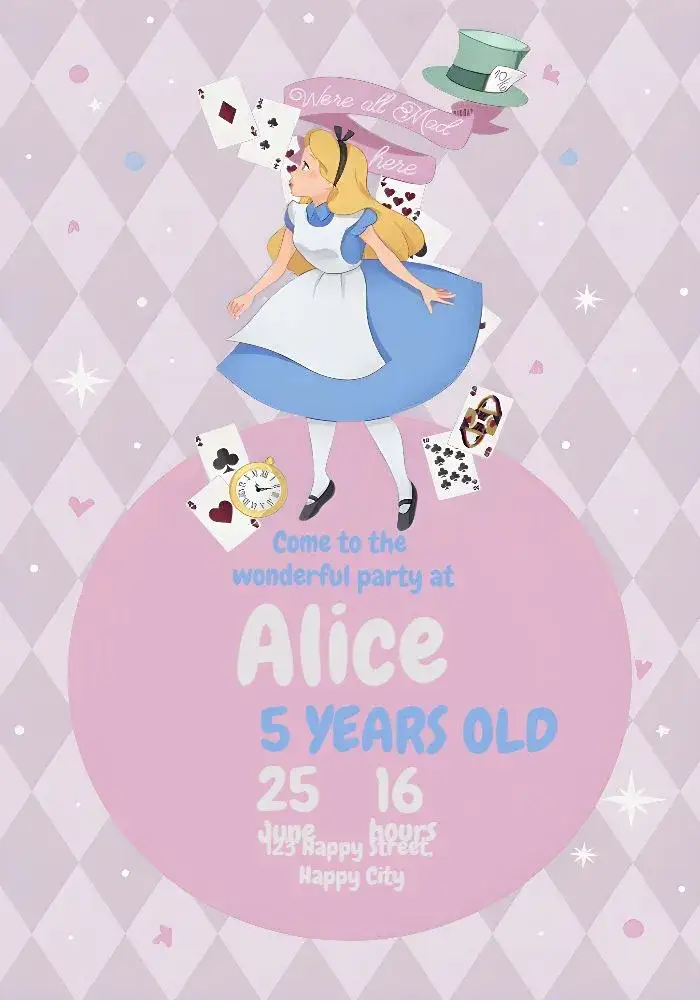 Invitation Alice In Wonderland Blue – Commemorative Dates theme playful, fantasy, blue and white, childlike illustrations, vintage style, themed party