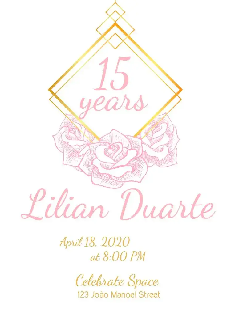 Invitation 15th Birthday Floral - Pink With Gold Minimalist – Sweet 15 theme floral, minimalist, golden, elegant, classic, modern