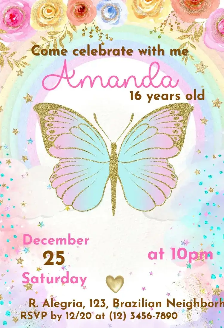 Invitation Floral Butterfly – Birthday theme floral, pink, glitter, modern, delicate, colorful