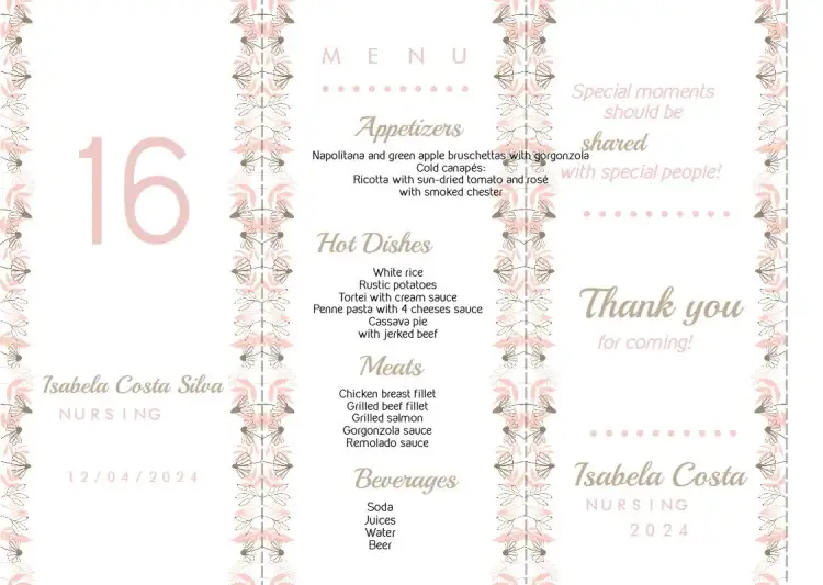 Invitation Menu Triângulo Formatura Floral Rosa – Graduation theme floral, modern, elegant, pink, triangular, soft
