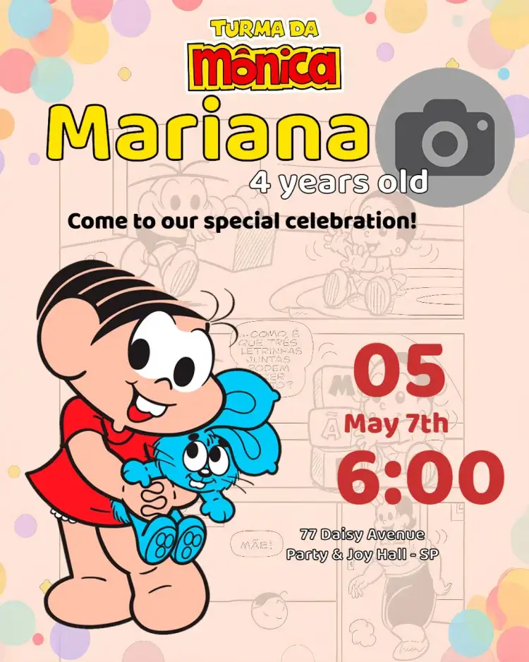 Invitation Turma Da Mônica Com Foto Sansão – Kids' Birthday Party theme colorful, fun, comic book, childish, playful