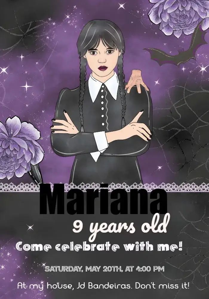 Invitation Wandinha Addams Edit – Kids' Birthday Party theme purple, black, gothic, fun, childish