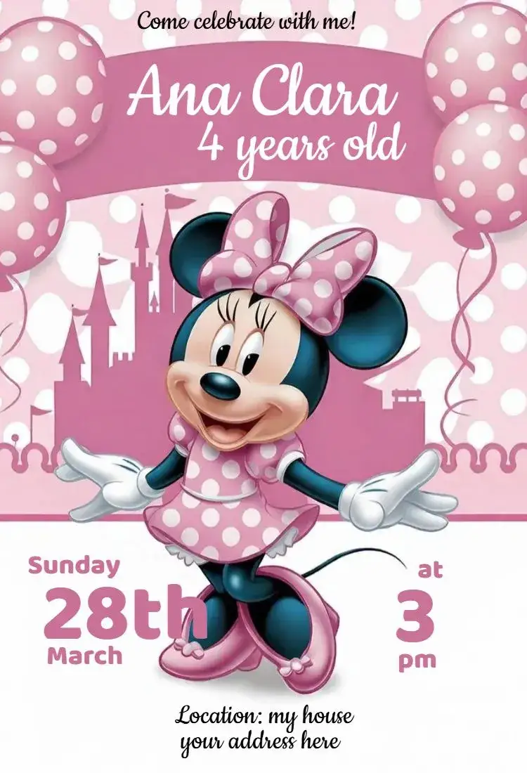 Invitation Minnie Mouse 4 – Birthday theme pink, fun-filled, playful, colorful, themed