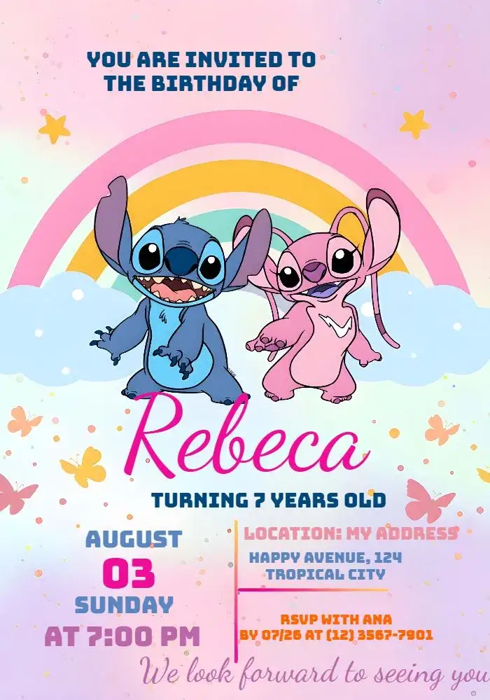 Invitation Stitch And Angel Bluey – Most searched for theme colorful, fun, childlike, animated illustrations, playful