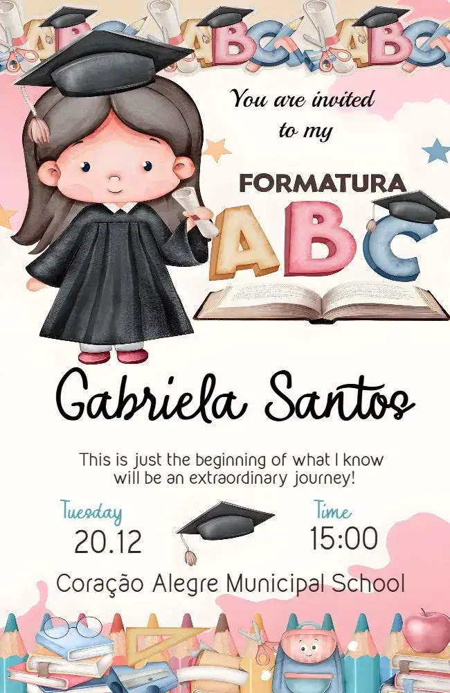 Invitation Graduation Girl Pink - Preschool Abc Pre – Graduation theme pink, childlike, playful, delicate, colorful, cheerful