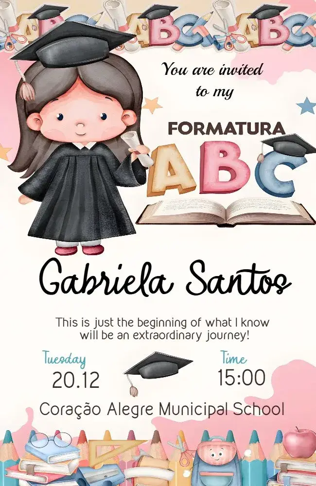 Invite Graduation Girl Pink - Preschool Abc Pre editable and customizable