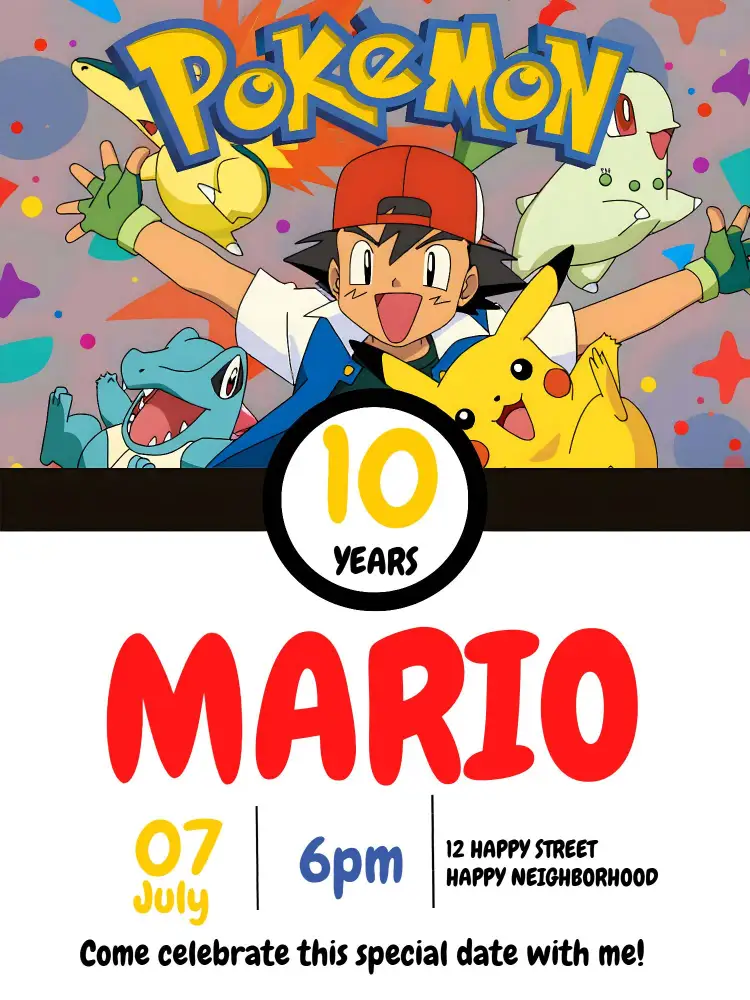 Invitation Pokemon Anime – Most searched for theme colorful, youthful, fun, anime-inspired, character illustrations, modern style