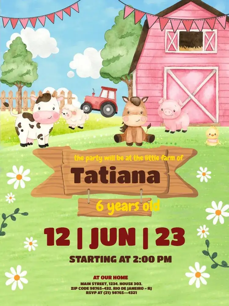 Invitation Virtual Pink Farm Animal – Kids' Birthday Party theme playful, floral, rural, colorful, watercolor