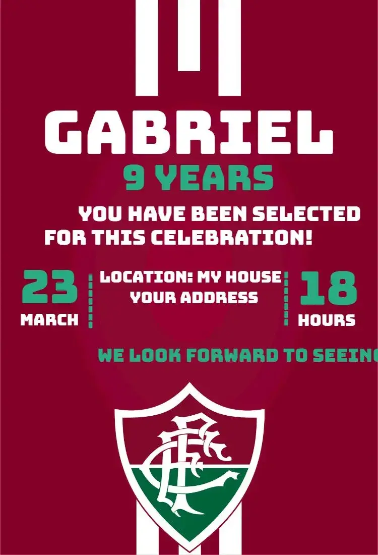 Invitation Fluminense 2 – Birthday theme football, colorful, fun, youthful, modern