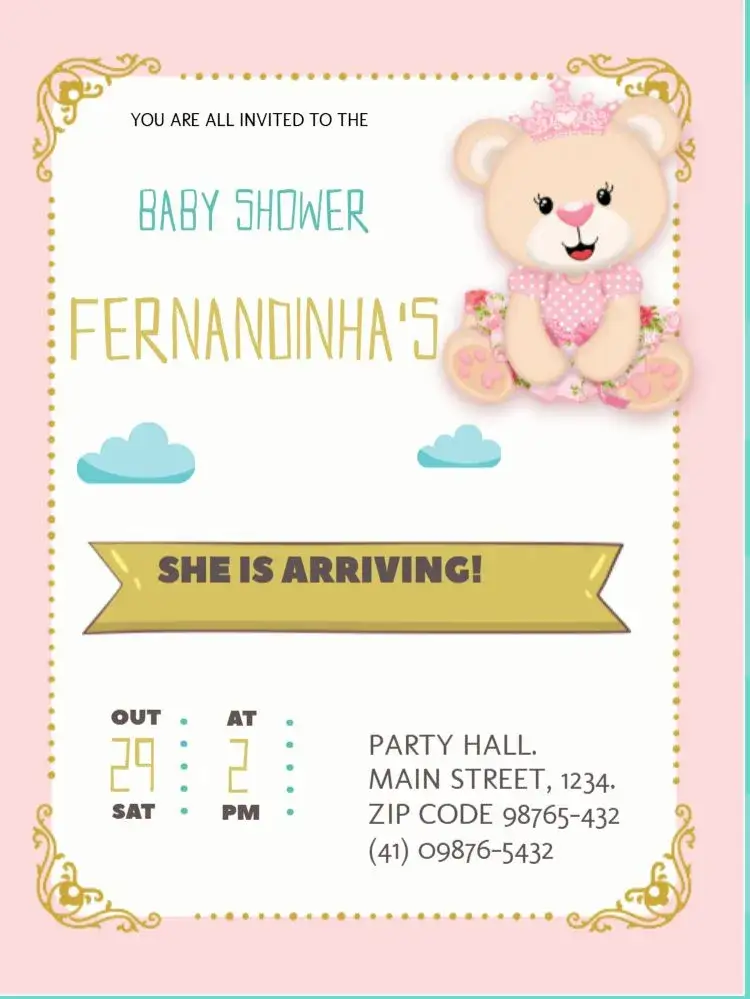 Invitation Princess Teddy Bear Diaper Tea Party Invitation – Raffle Tea theme delicate, playful, golden, light green, children's party, teddy bear