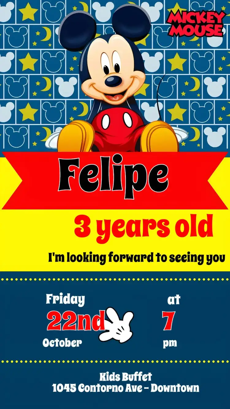 Invitation Mickey – Kids' Birthday Party theme colorful, fun, themed, childish, Disney, playful