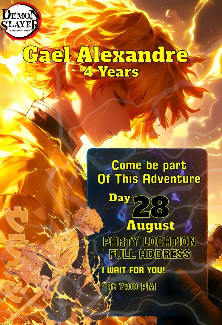 Invitation Zenitsu Agatsuma Demon Slayer – Birthday theme vibrant colors, anime style, action-packed graphic elements, youthful design, colorful illustrations, adventure theme