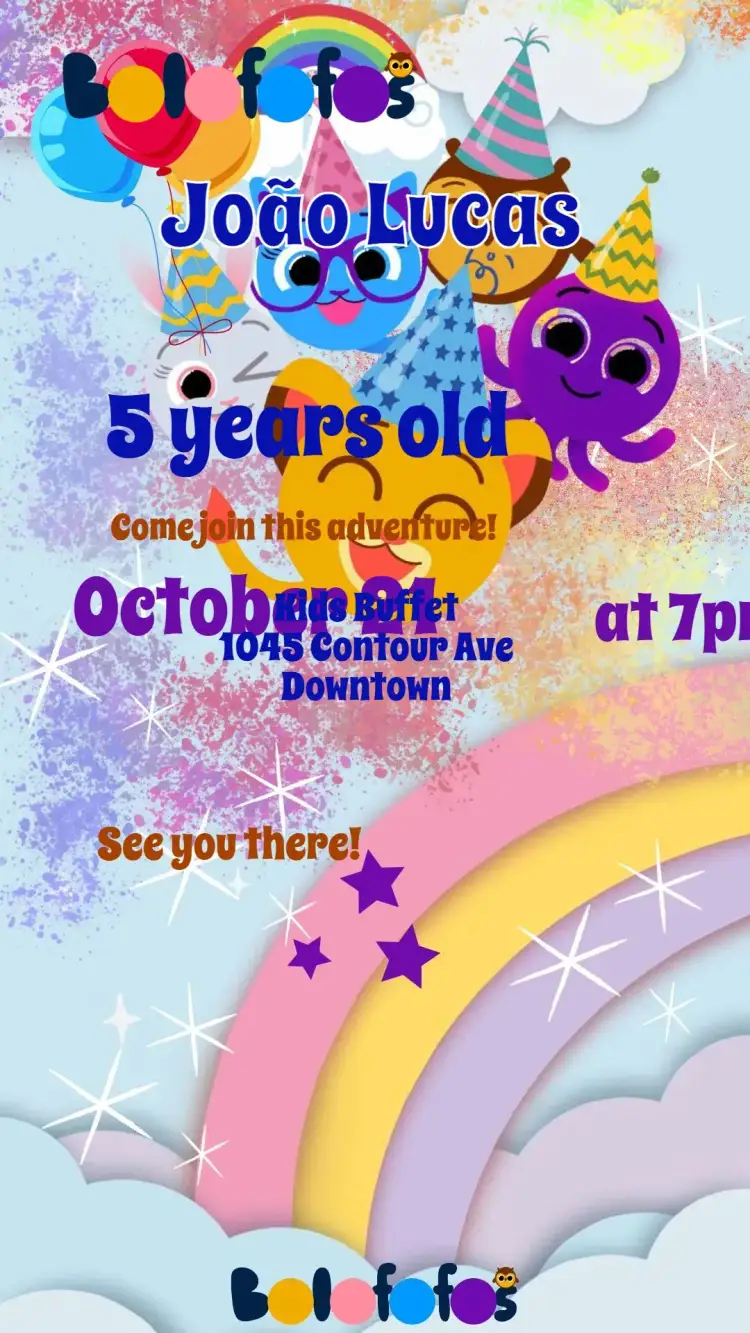 Invitation Bolofofos – Kids' Birthday Party theme colorful, fun, playful, themed, childlike, cheerful