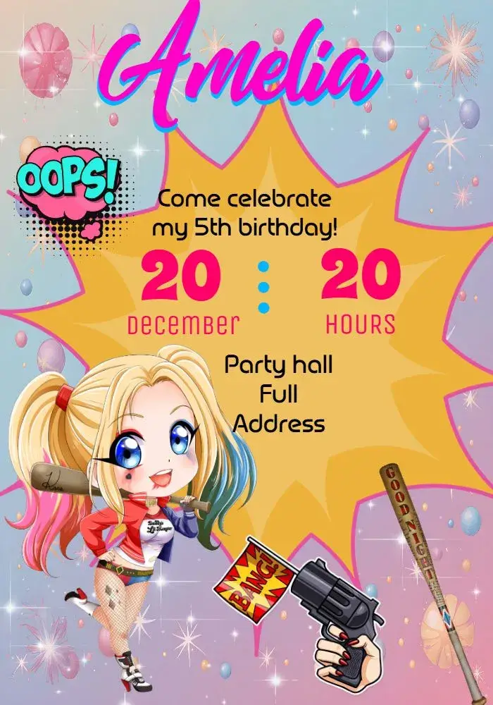 Harley Quinn Pink invitation