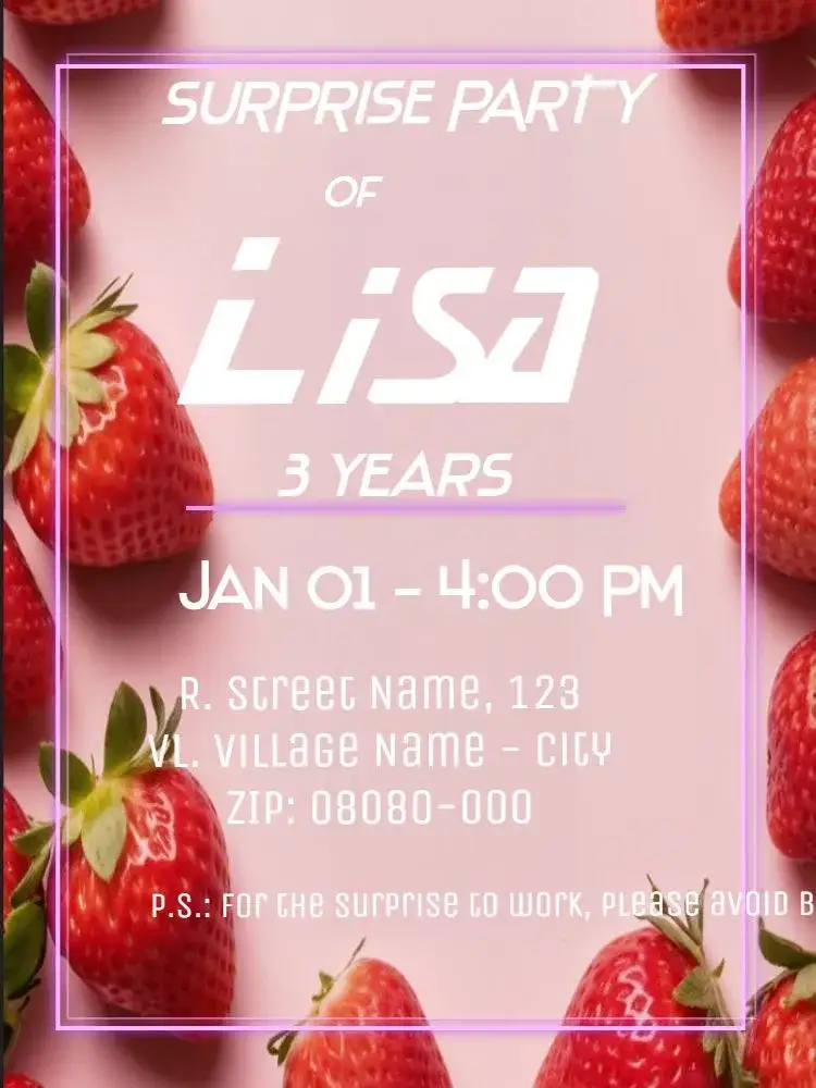 Invitation Virtual Surprise Strawberry – Kids' Birthday Party theme colorful, fun, playful, themed, childlike, fruity