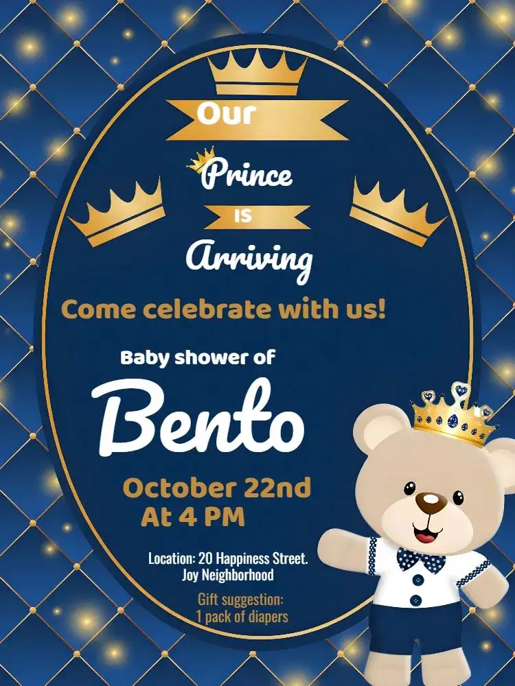 Invitation Prince Teddy Bear Glitter Baby Shower – Diaper Shower theme blue, golden, sparkle, teddy bear, royalty, glitter