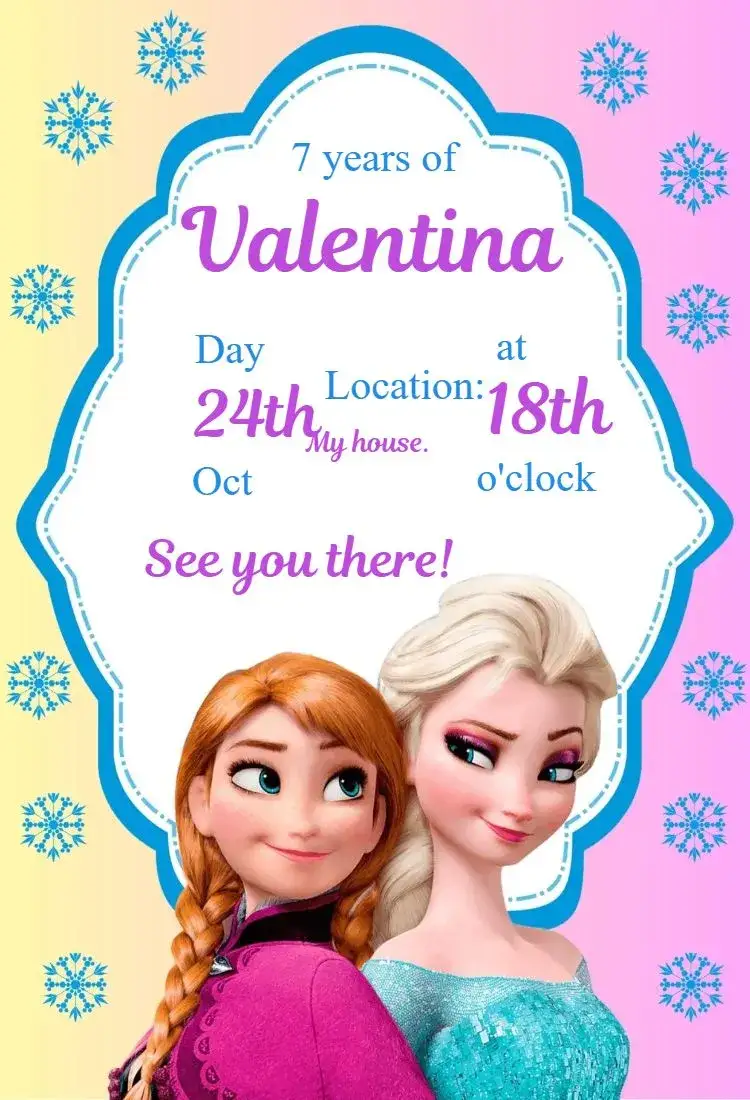 Invitation Anna and Elsa Frozen Invitation – Kids' Birthday Party theme pastel colors, Frozen theme, ice elements, playful design, childlike style, enchanted visuals