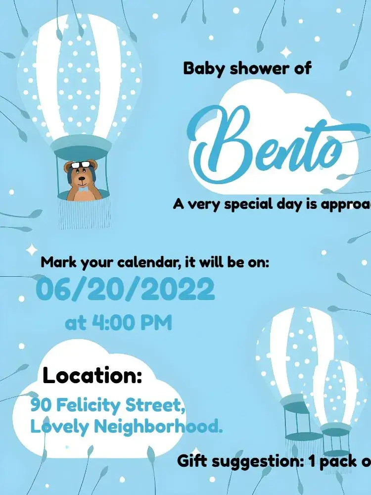 Invitation Diaper Shower Teddy Bear Balloonist Gift – Diaper Shower theme blue, white, teddy bear, balloons, clouds, childish
