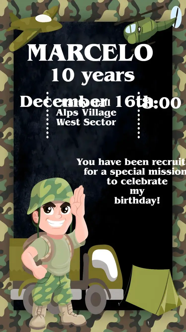 Invitation Army – Kids' Birthday Party theme camouflage, military, adventure, fun, youthful, playfulness