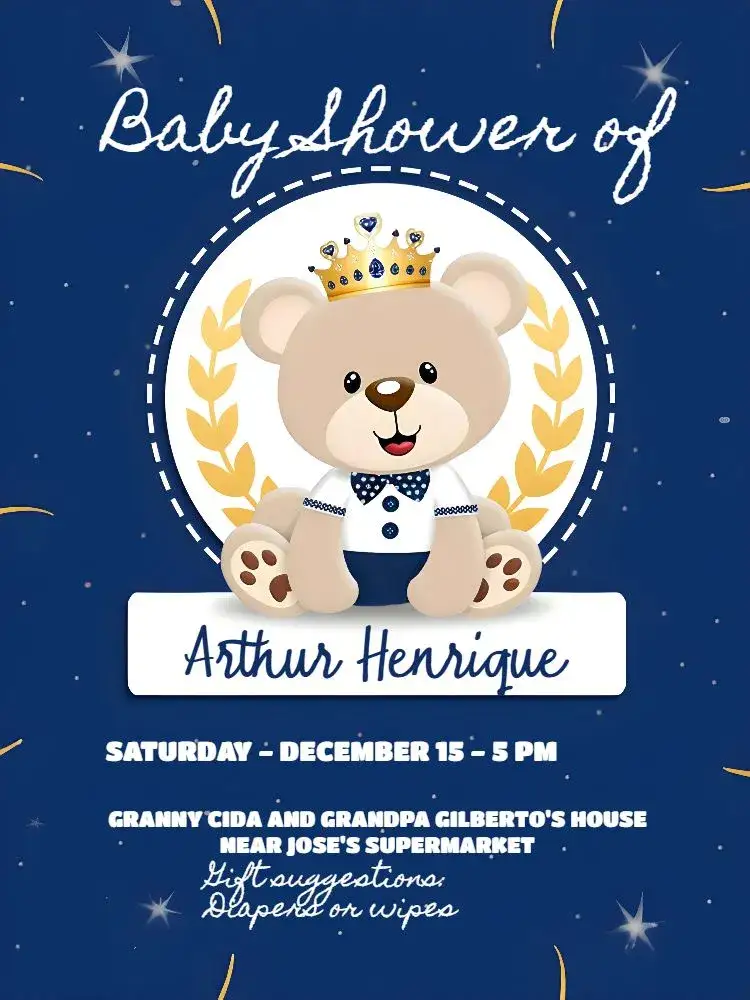 Invitation Baby Shower Little Prince Teddy Bear – Bridal Shower theme navy blue, golden, teddy bear, crown, minimalist, charming
