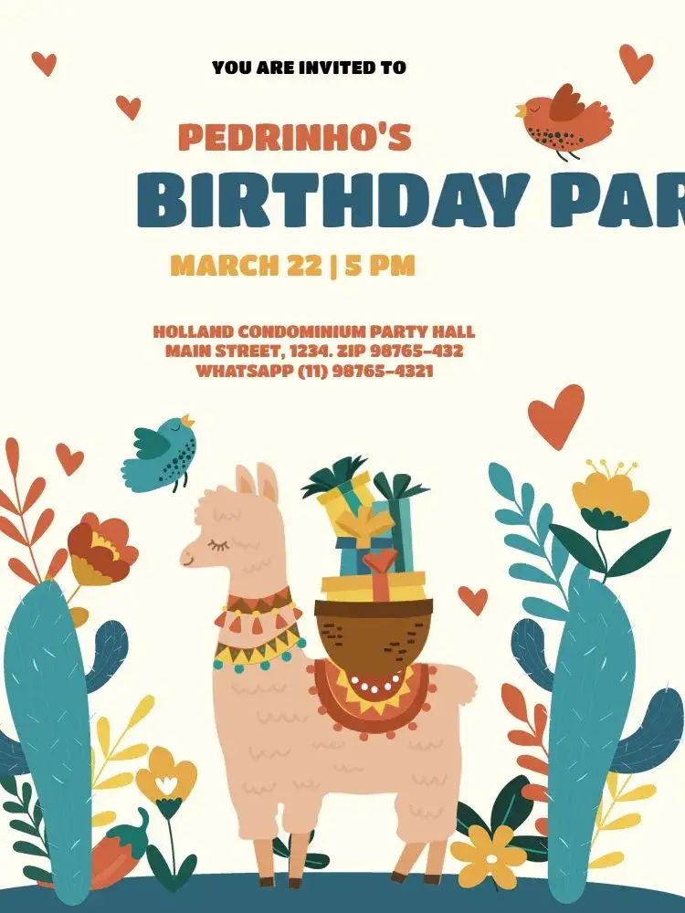Invitation Children's Llama Cactus Meeting – Kids' Birthday Party theme colorful, playful, fun, tropical, childlike, modern