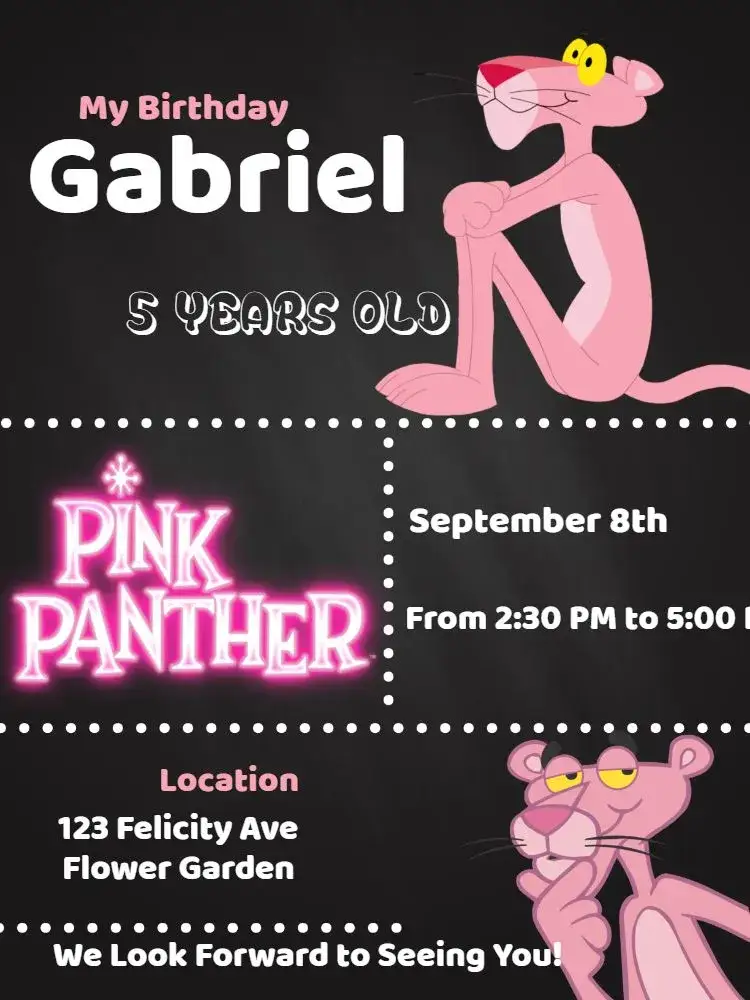 Invitation Pink Panther Yellow – Kids' Birthday Party theme colorful, fun, childish, themed, vibrant