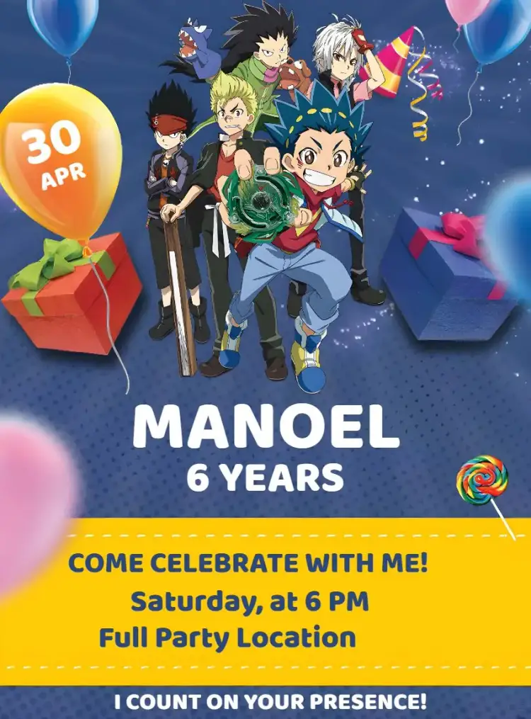 Invitation Beyblade Dragon – Kids' Birthday Party theme vibrant, adventure, fantasy, colorful, games, dragons