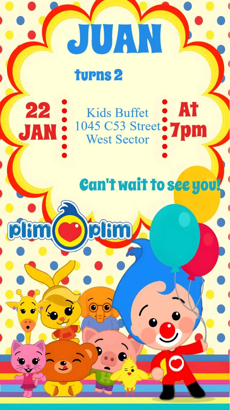 Invitation Plim Plim – Kids' Birthday Party theme colorful, playful, fun, modern, childlike