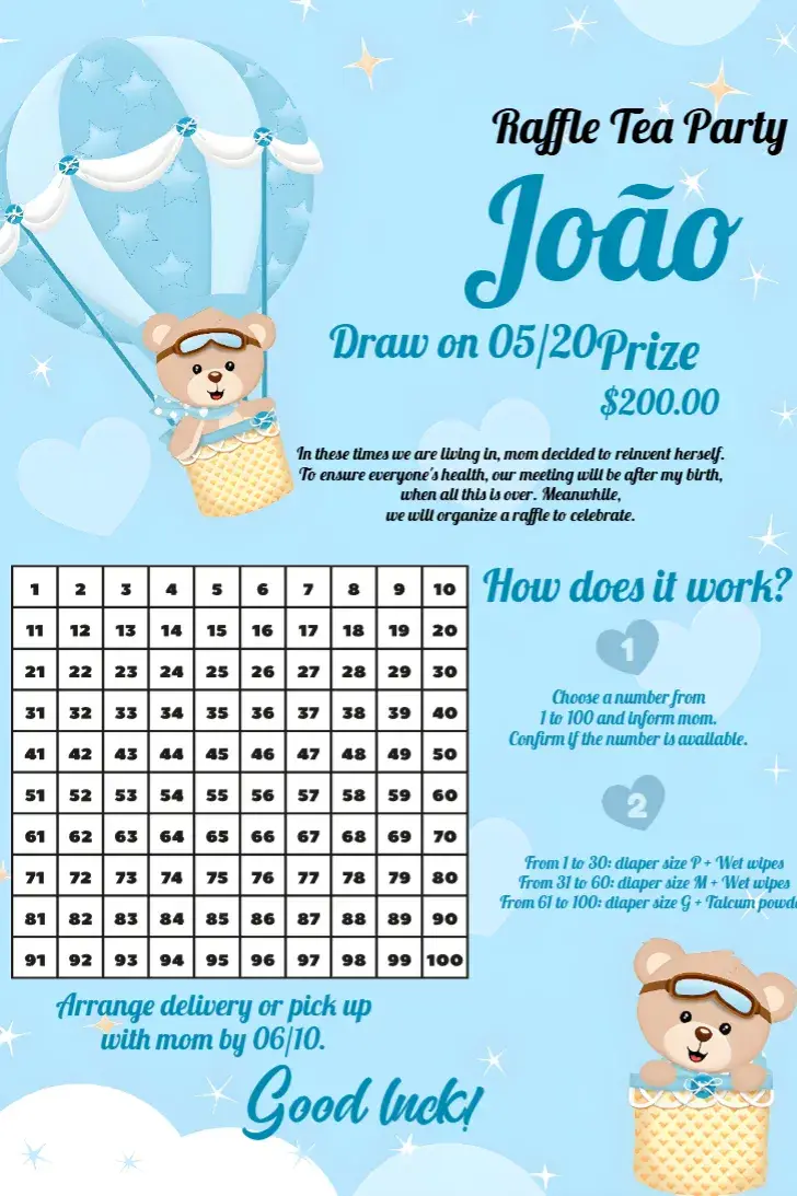 Tea Raffle Teddy Bear Balloonist Card invitation