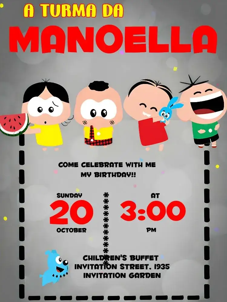 Invitation Turma Da Mônica Toy – Kids' Birthday Party theme colorful, playful, childlike, comic book style, modern, fun