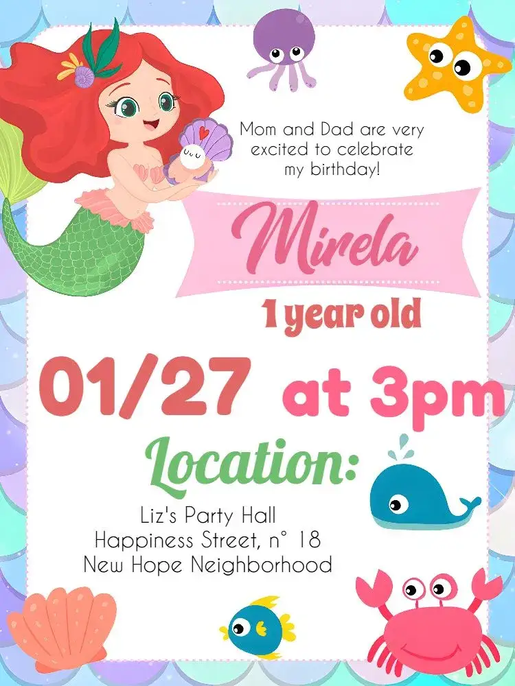 Invitation The Little White Mermaid – Kids' Birthday Party theme navy blue, colorful, whimsical, childlike, fun