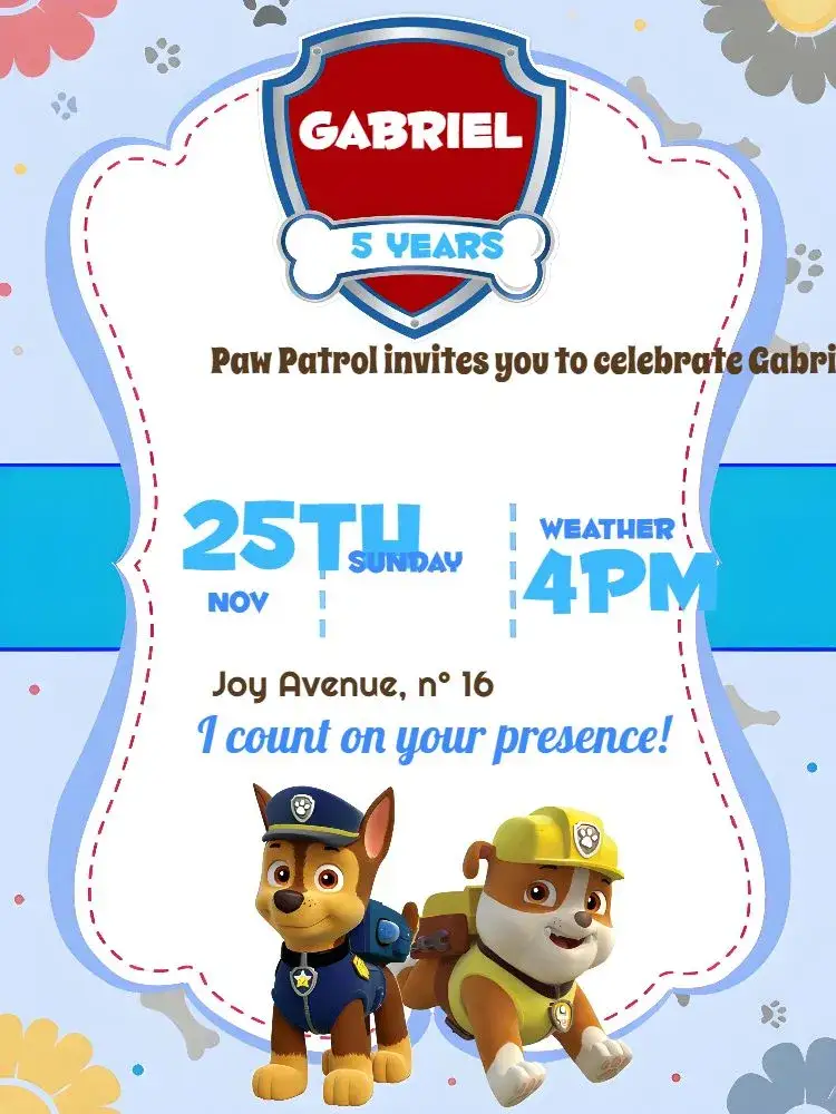 Invitation Brown Paw Patrol – Kids' Birthday Party theme brown, blue, white, children's theme, fun, dog illustrations