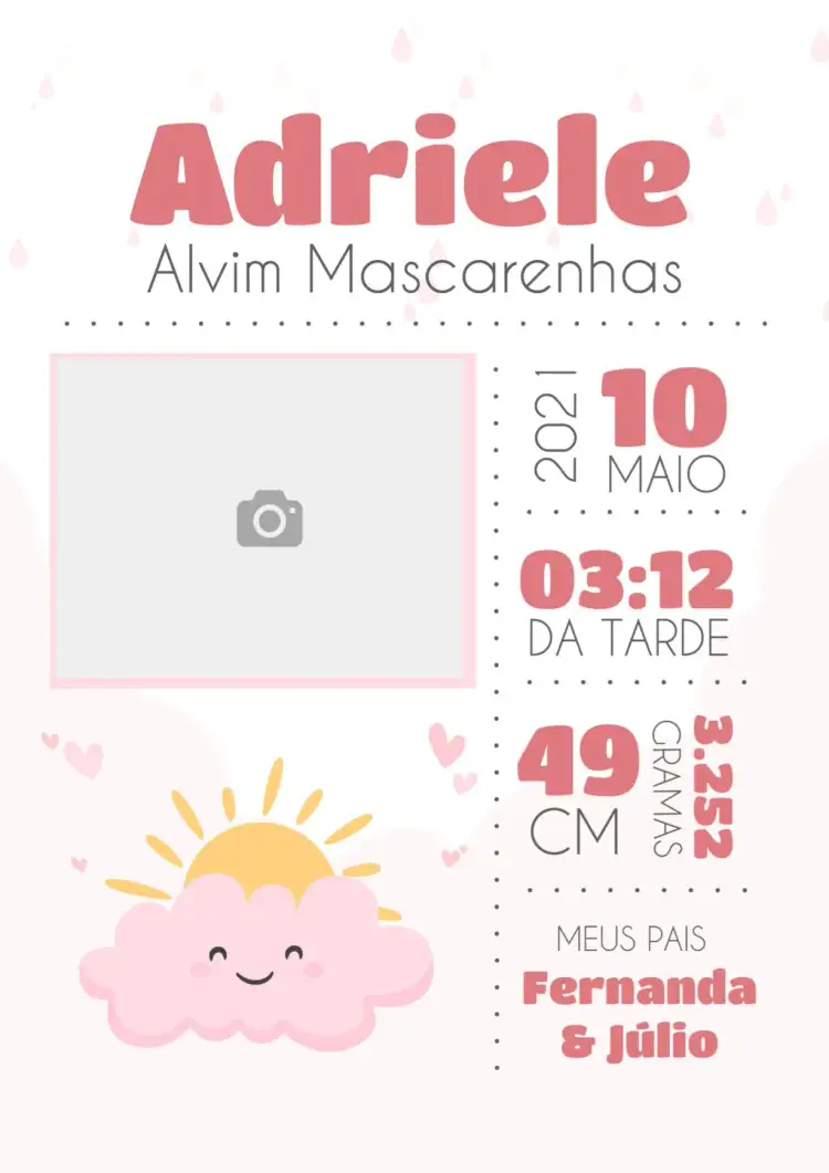 Invitation Newborn Birth Chart To Fill With Playful Photo – Diaper Shower theme delicate, playful, pink, clouds, shower of love, modern