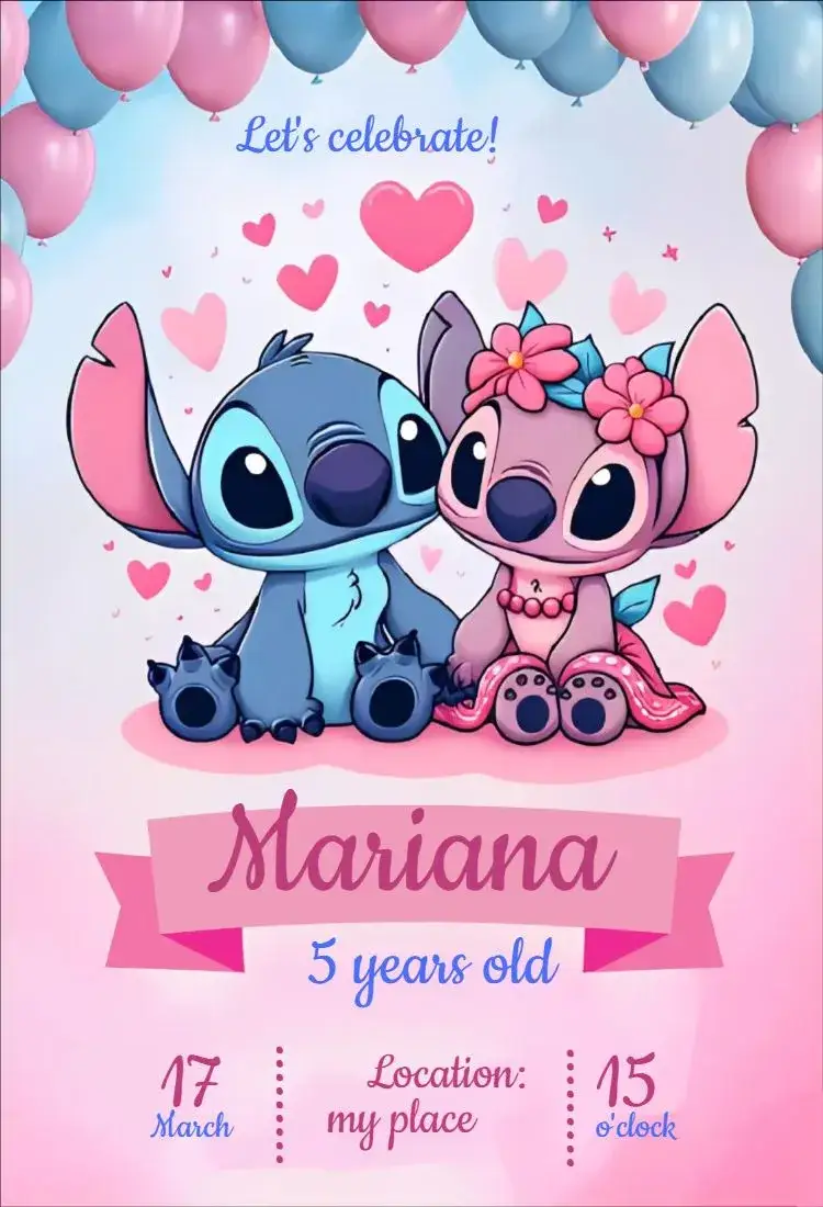Invitation Stitch and Angel blue and pink – Kids' Birthday Party theme colorful, fun, themed, playful, childlike