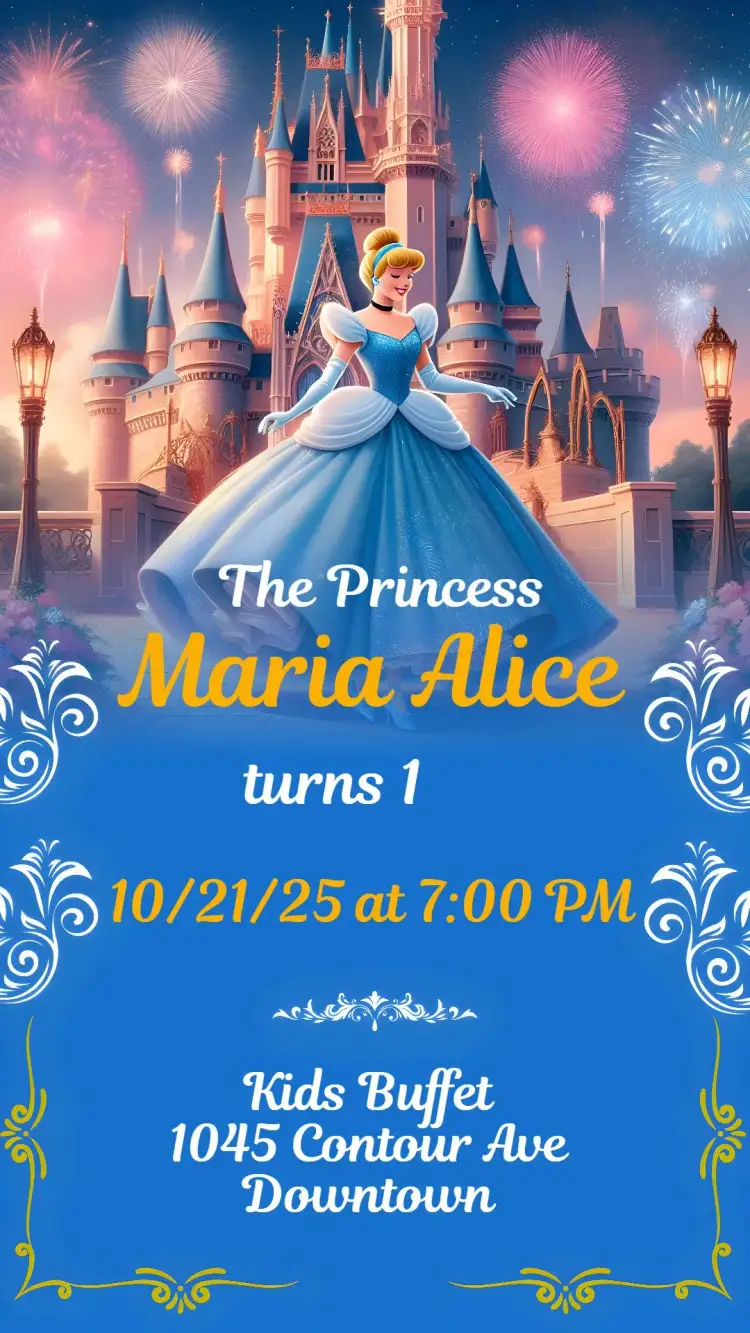 Invitation Cinderella – Kids' Birthday Party theme soft colors, royal elements, enchanted style, magical, fairy tale illustrations, golden details