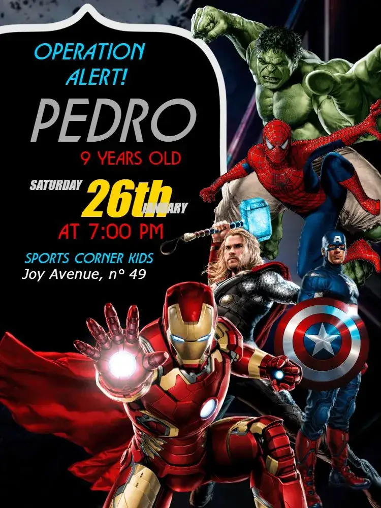 Invitation Avengers Black Birthday – Most searched for theme black, red, blue, superheroes, modern, themed