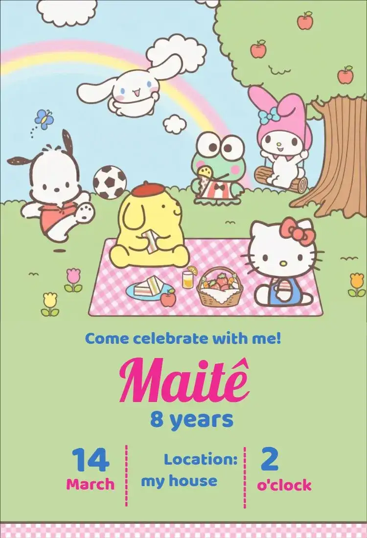 Invitation Hello Kitty Picnic Invitation – Kids' Birthday Party theme pastel colors, playful style, natural elements, childlike illustrations, fun design, picnic theme
