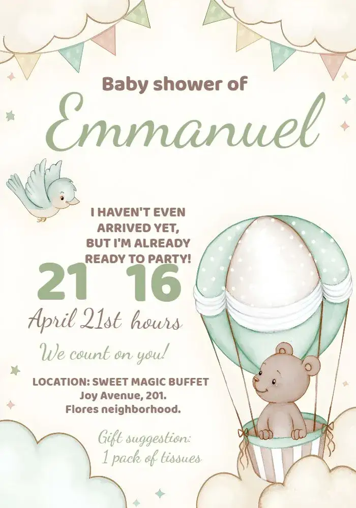 Invitation Green Balloon Teddy Bear Baby Shower – Diaper Shower theme teddy bear, balloons, green, brown, childish, fun