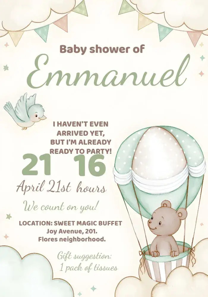Green Balloon Teddy Bear Baby Shower invitation