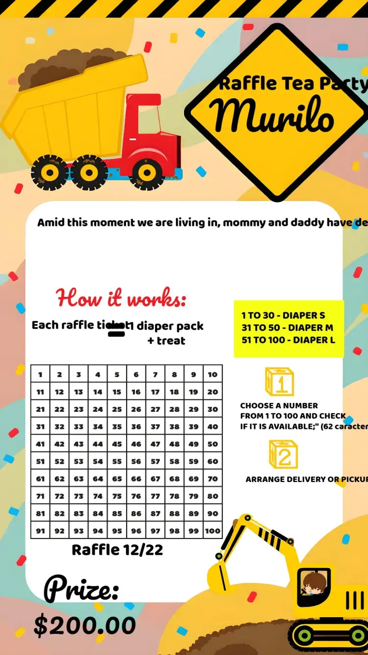 Invitation Construction Tractor Raffle Tea – Raffle Tea theme construction, fun-filled, colorful, modern, childlike